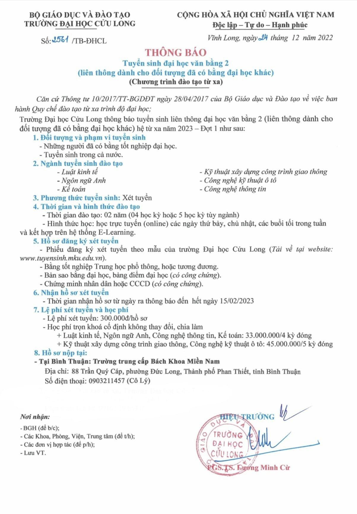 Thông báo tuyển sinh liên thông Đại học văn bằng 2