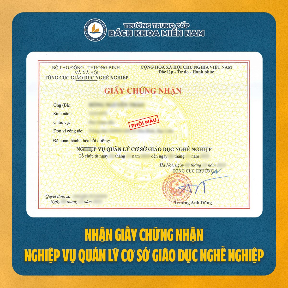Giấy chứng nhận nghiệp vụ quản lý cơ sở giáo dục nghề nghiệp